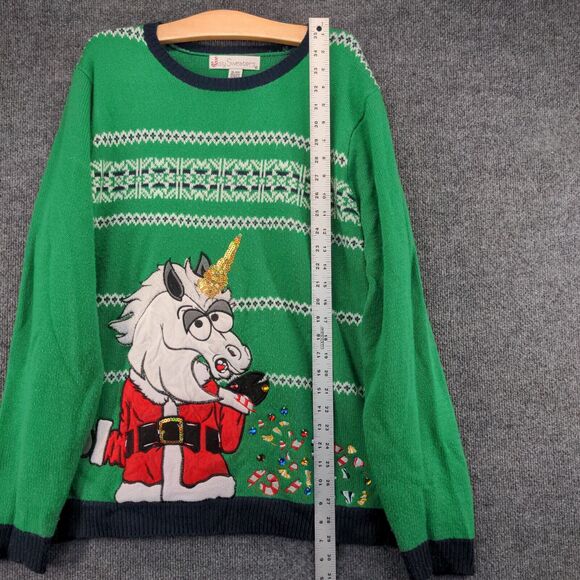 Jolly Sweaters Ugly Christmas Sweater Unicorn Santa Mens SZ XL Green Embroidered - Picture 4 of 13